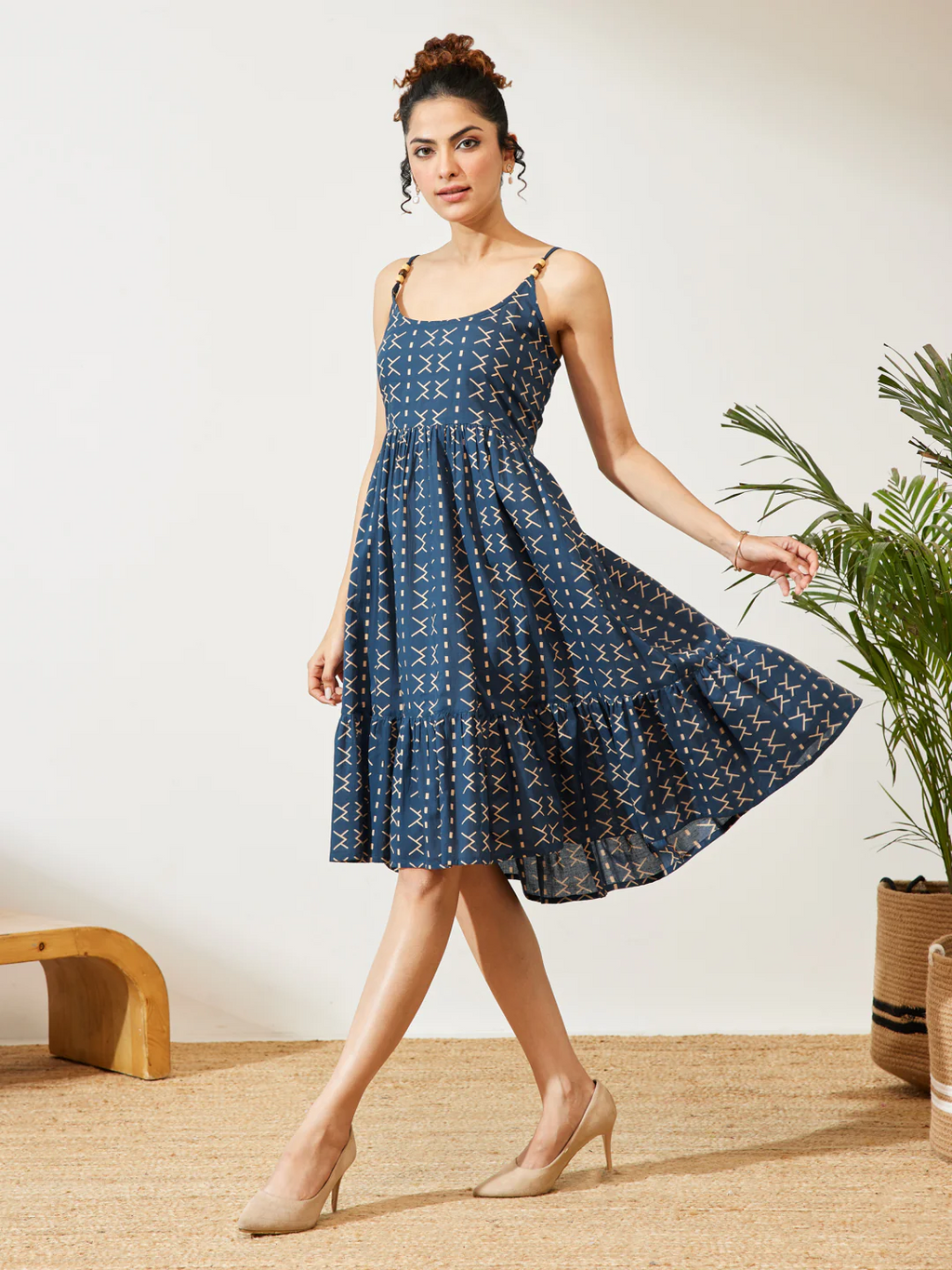 Janasya Women's Navy Blue Pure Cotton Abstract Printed A-line Dress