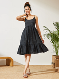 Janasya Women's Navy Blue Pure Cotton Ethnic Motifs Printed A-line Dress
