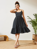 Janasya Women's Navy Blue Pure Cotton Ethnic Motifs Printed A-line Dress