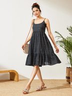 Janasya Women's Navy Blue Pure Cotton Ethnic Motifs Printed A-line Dress