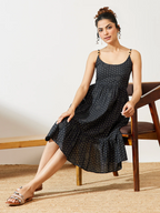 Janasya Women's Navy Blue Pure Cotton Ethnic Motifs Printed A-line Dress