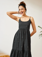 Janasya Women's Navy Blue Pure Cotton Ethnic Motifs Printed A-line Dress