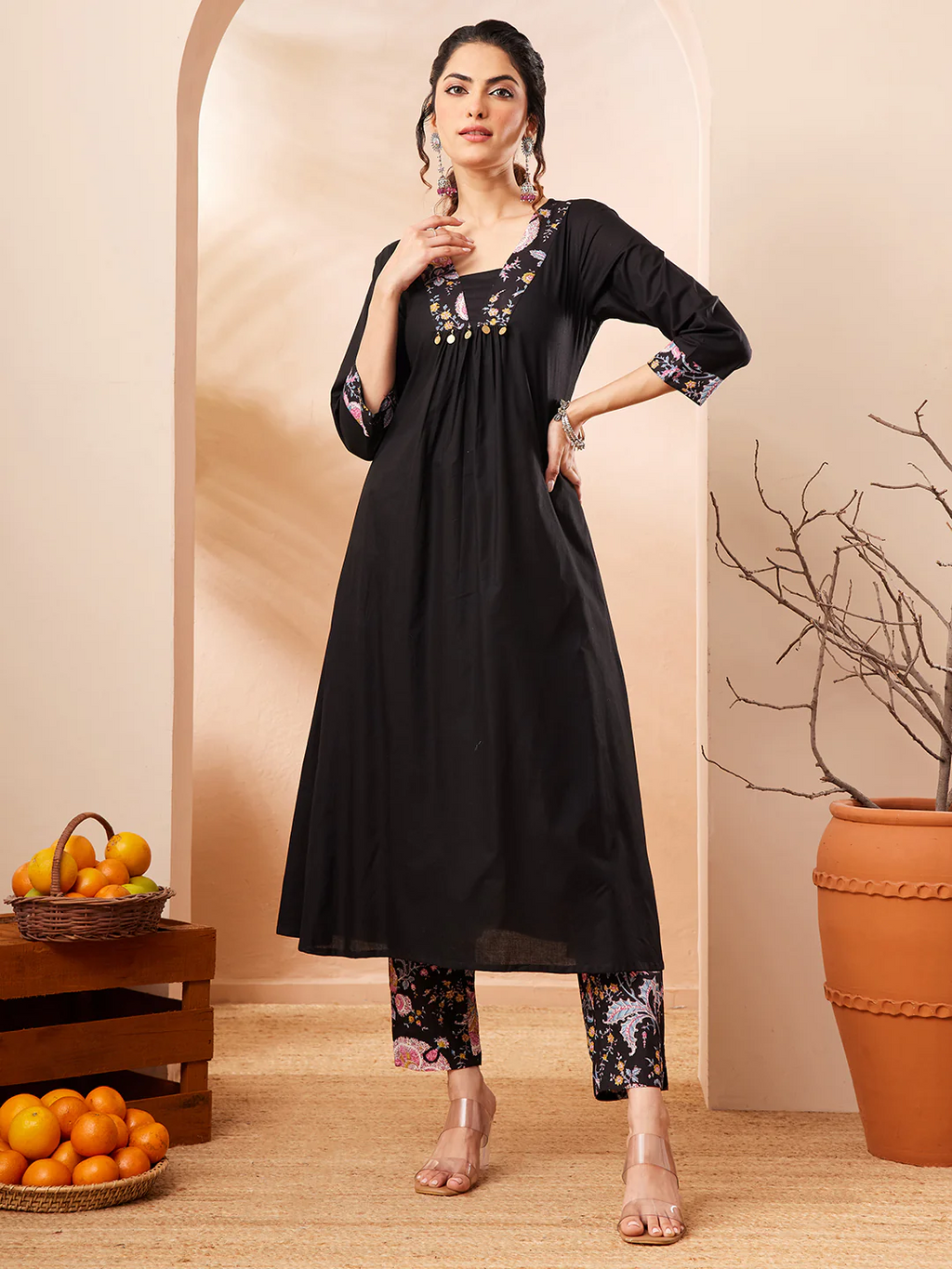 Janasya Women's Black Pure Cotton Yoke Design A-line Kurta Set
