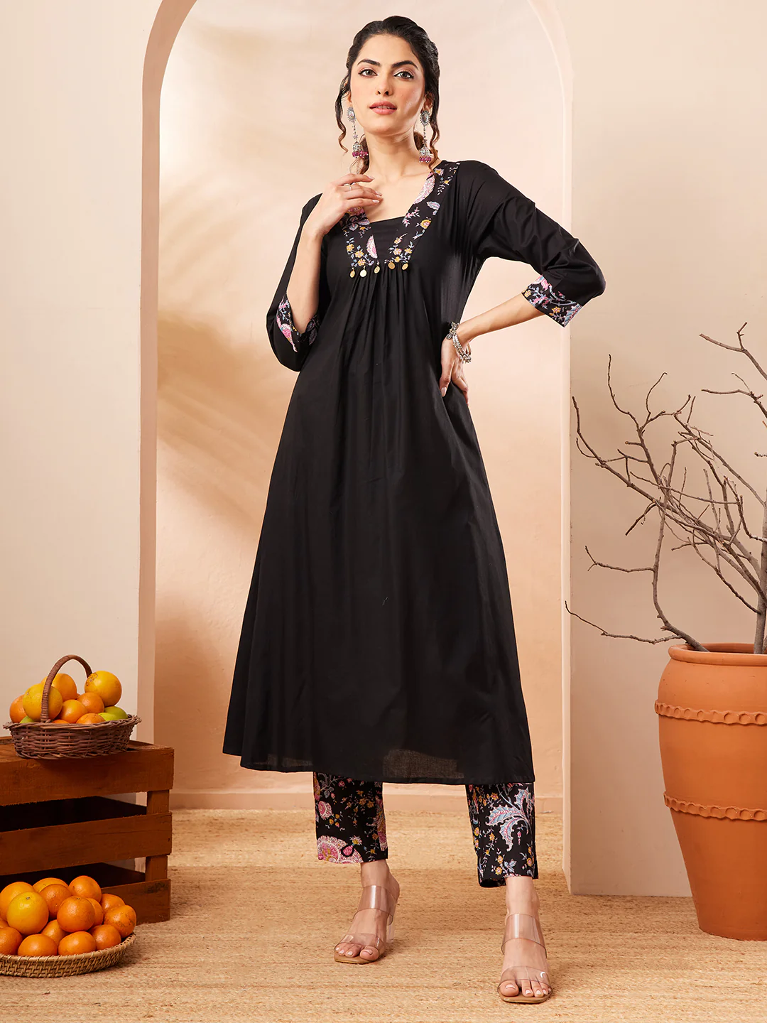 Janasya Women's Black Pure Cotton Yoke Design A-line Kurta Set