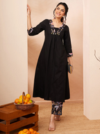 Janasya Women's Black Pure Cotton Yoke Design A-line Kurta Set