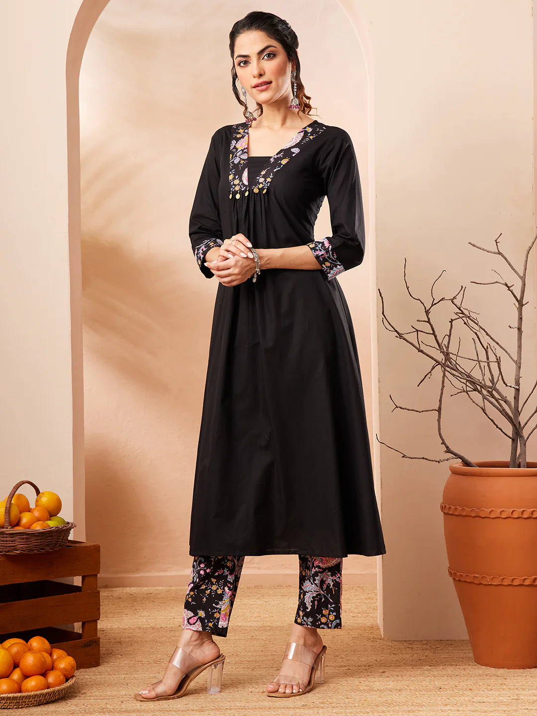 Janasya Women's Black Pure Cotton Yoke Design A-line Kurta Set
