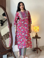 Janasya Women's Pink Pure Cotton Floral Printed Straight Kurta Pant Set