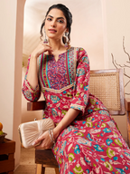 Janasya Women's Pink Pure Cotton Floral Printed Straight Kurta Pant Set