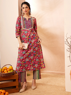 Janasya Women's Pink Pure Cotton Floral Printed Straight Kurta Pant Set