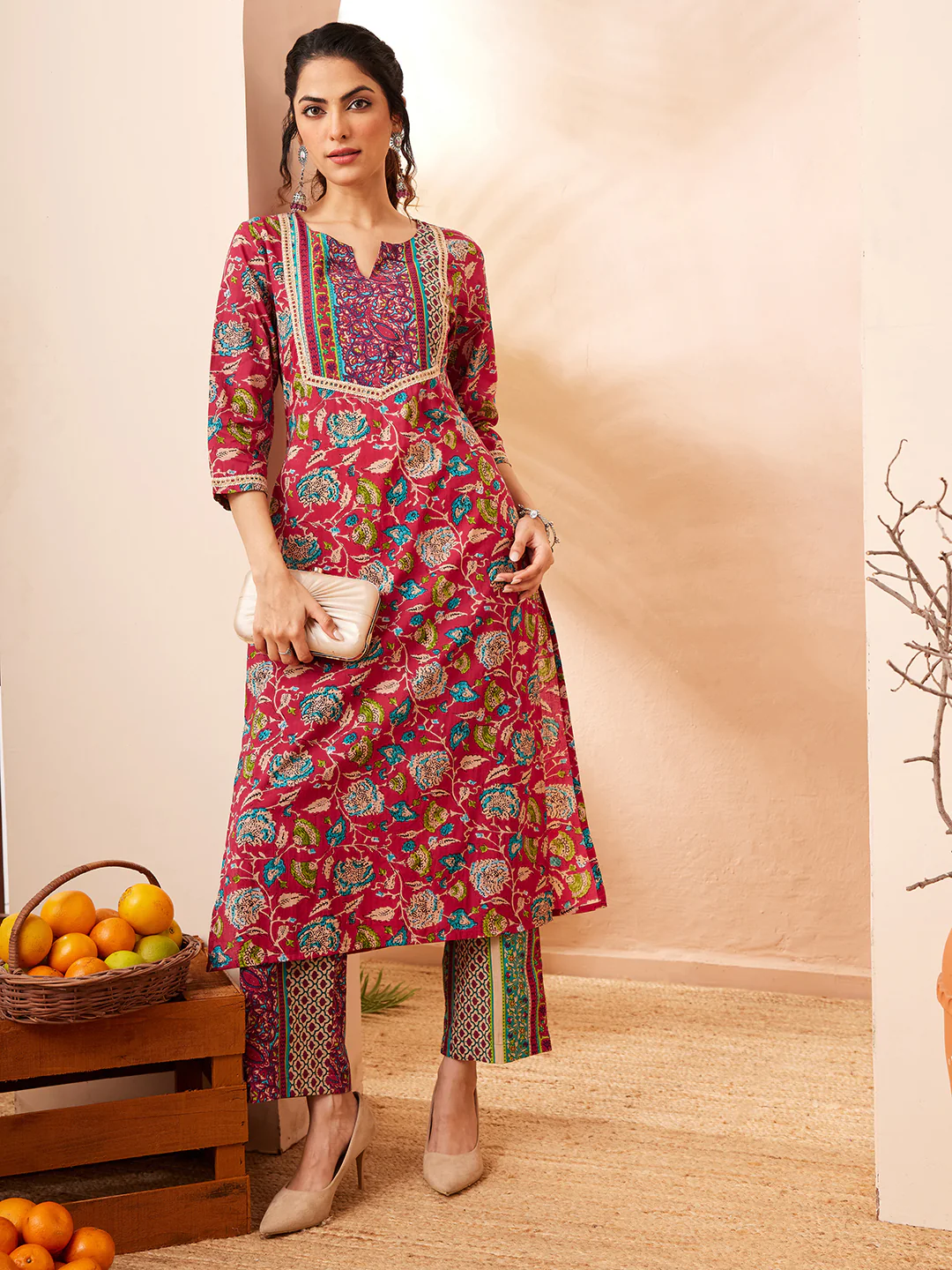 Janasya Women's Pink Pure Cotton Floral Printed Straight Kurta Pant Set