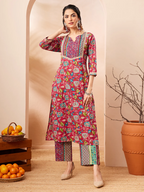 Janasya Women's Pink Pure Cotton Floral Printed Straight Kurta Pant Set
