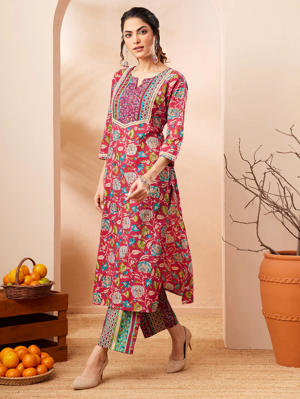 Janasya Women's Pink Pure Cotton Floral Printed Straight Kurta Pant Set