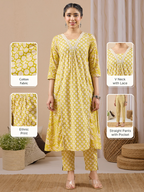 Janasya Women's Lime Yellow Pure Cotton Floral Printed A-line Kurta Pant Set