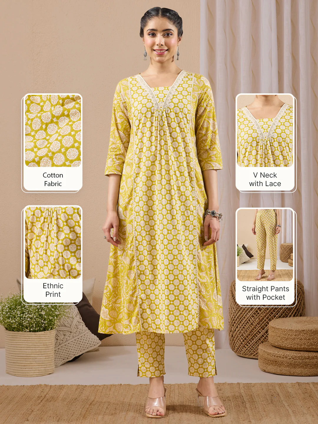 Janasya Women's Lime Yellow Pure Cotton Floral Printed A-line Kurta Pant Set