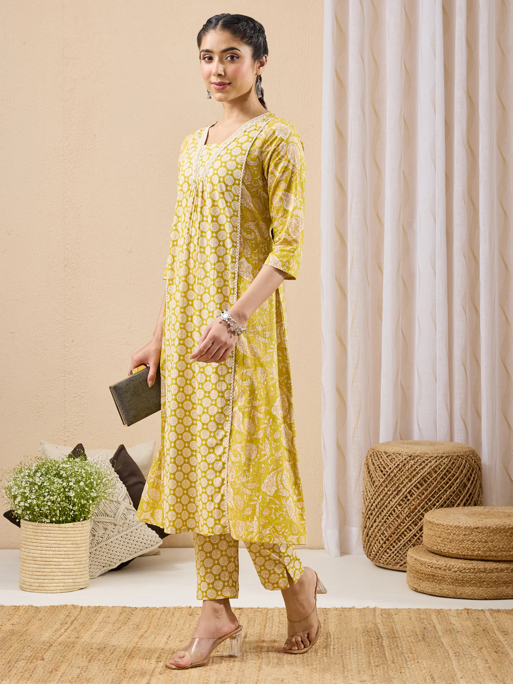 Janasya Women's Lime Yellow Pure Cotton Floral Printed A-line Kurta Pant Set
