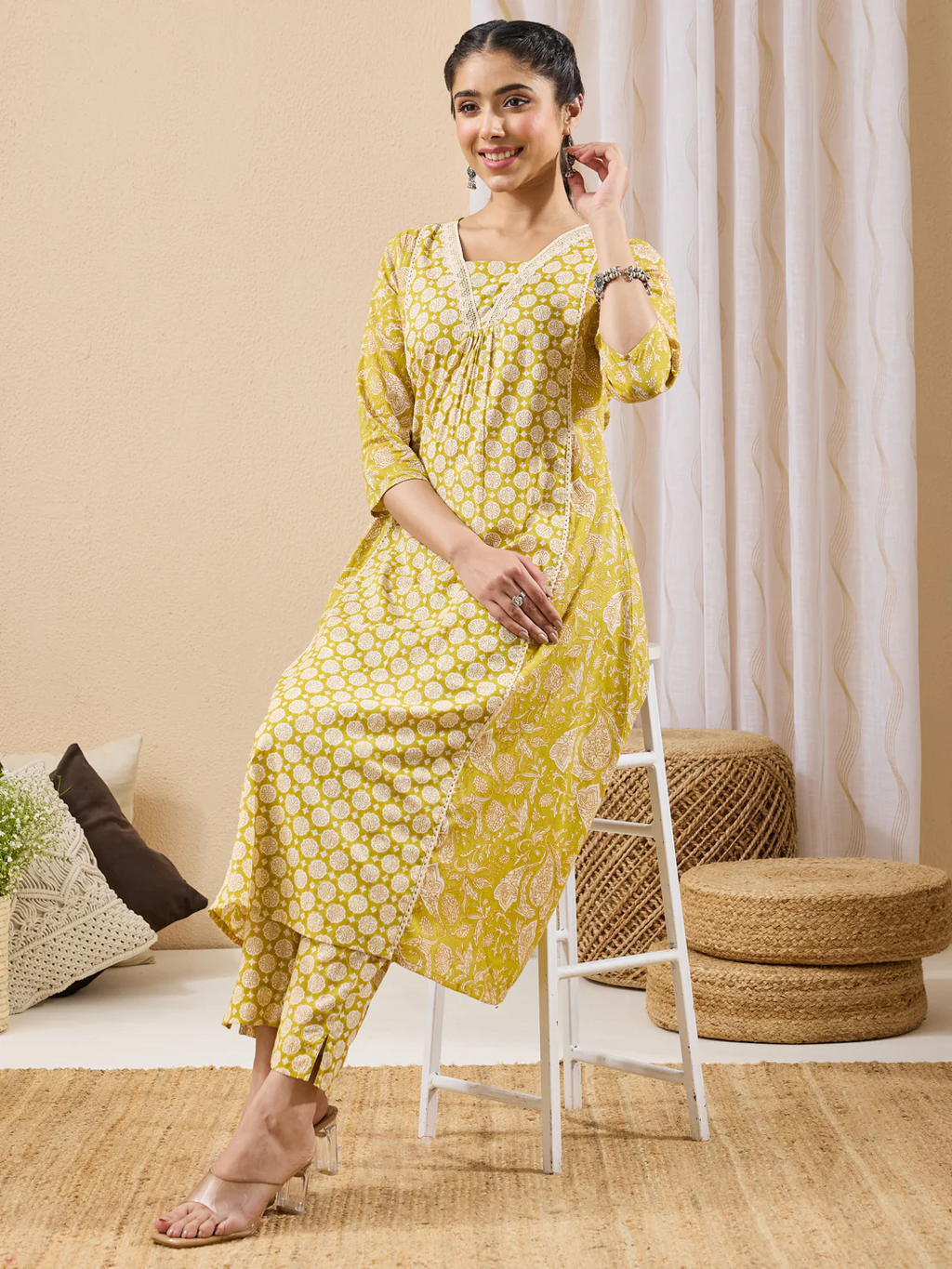 Janasya Women's Lime Yellow Pure Cotton Floral Printed A-line Kurta Pant Set