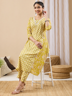 Janasya Women's Lime Yellow Pure Cotton Floral Printed A-line Kurta Pant Set