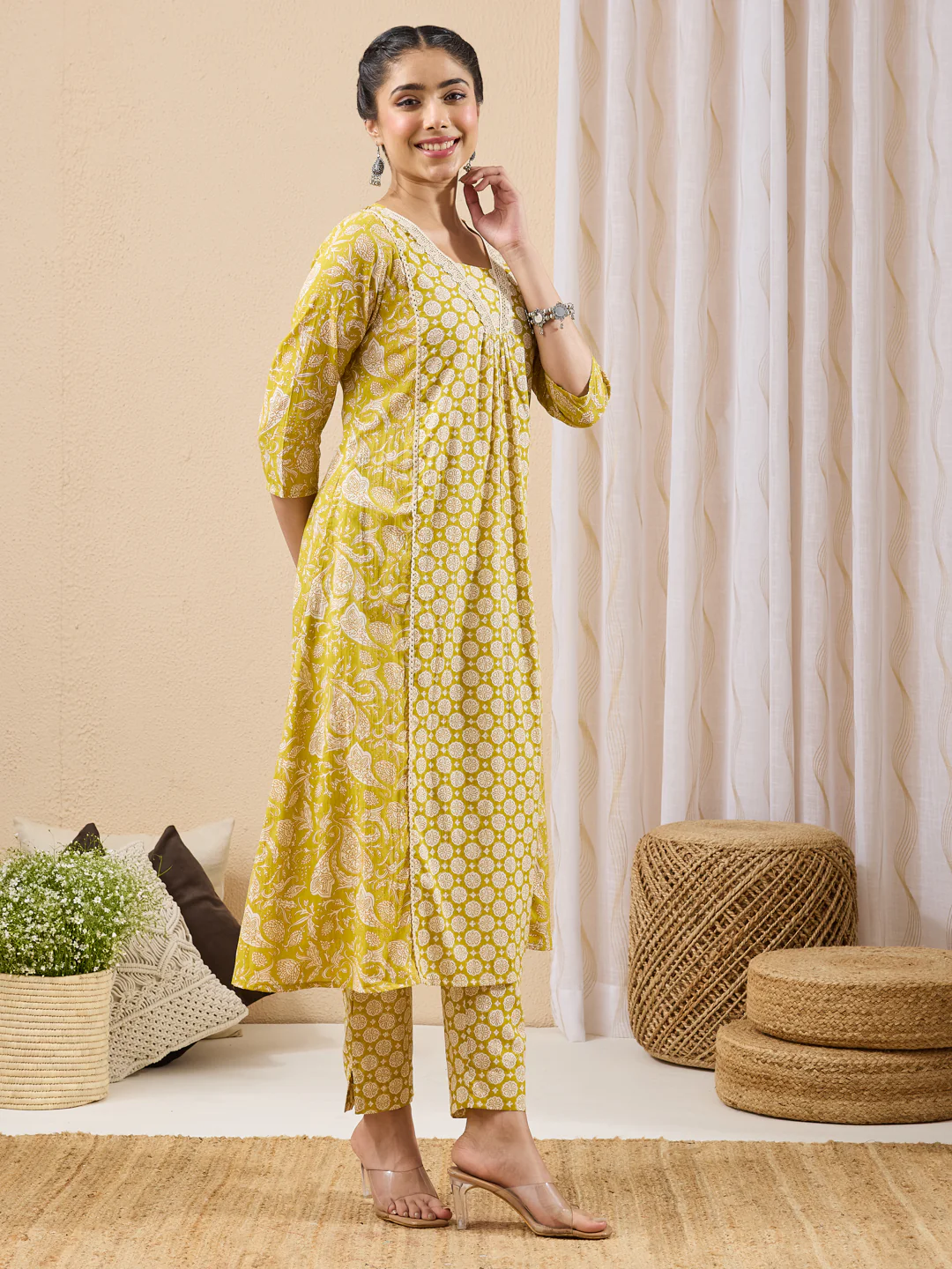 Janasya Women's Lime Yellow Pure Cotton Floral Printed A-line Kurta Pant Set