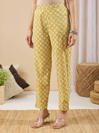 Janasya Women's Lime Yellow Pure Cotton Floral Printed A-line Kurta Pant Set