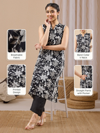 Janasya Women's Black Pure Cotton Floral Printed A-line Kurta Pant Set