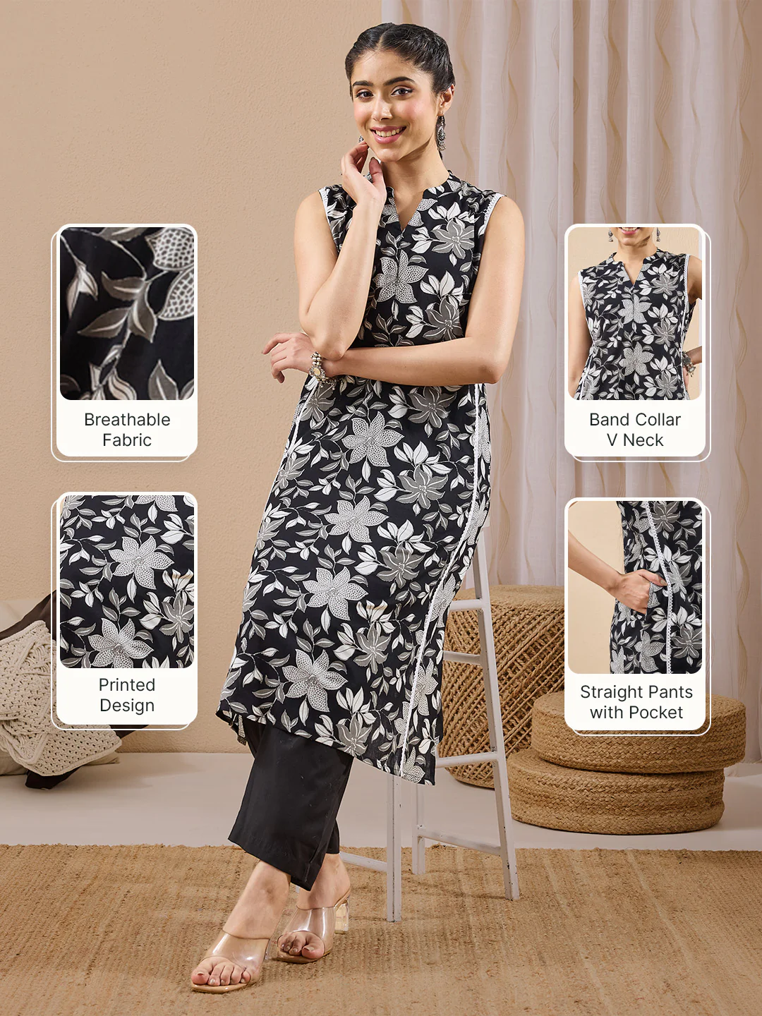 Janasya Women's Black Pure Cotton Floral Printed A-line Kurta Pant Set