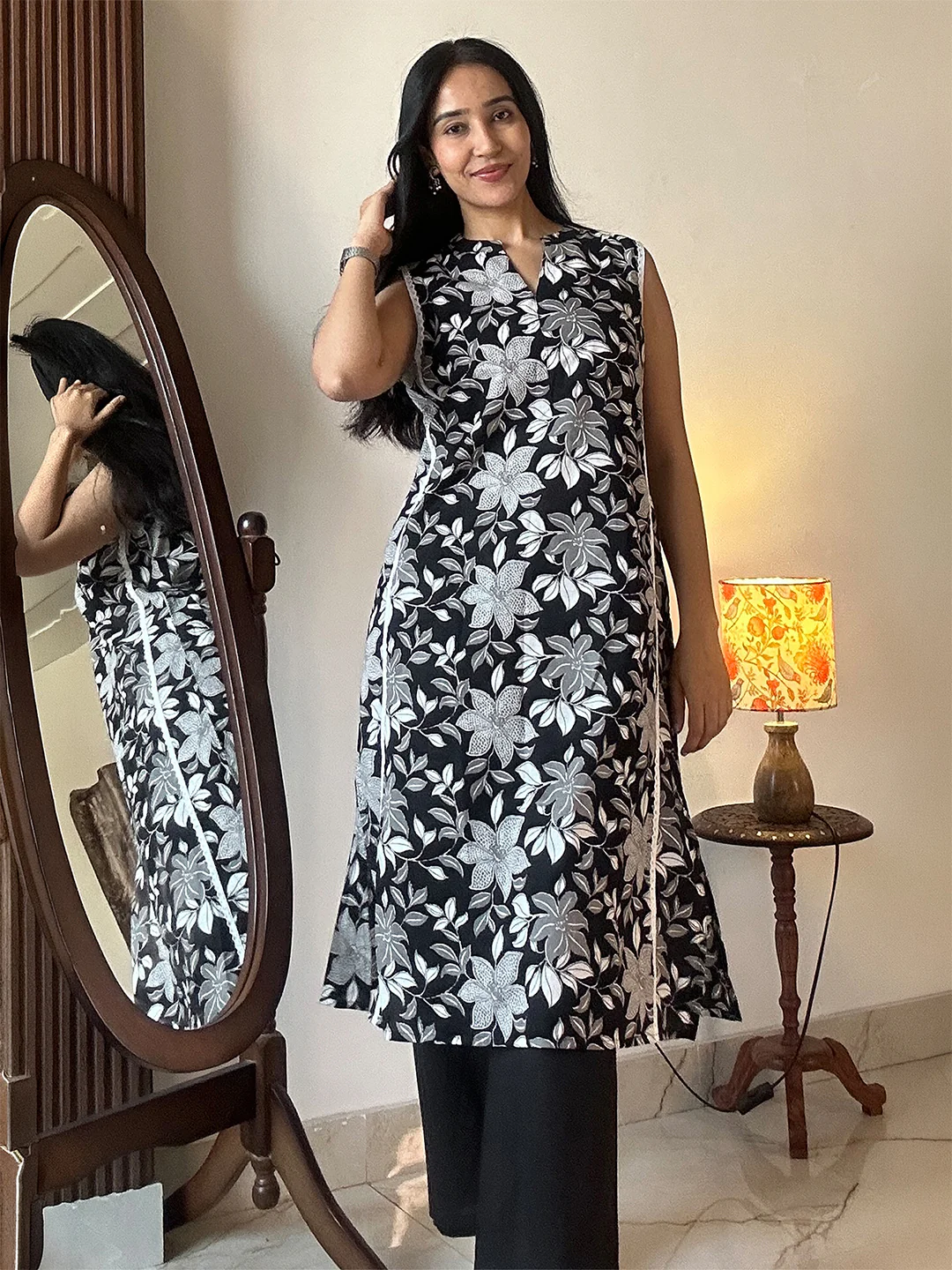 Janasya Women's Black Pure Cotton Floral Printed A-line Kurta Pant Set