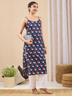 Janasya Women's Dark Blue Pure Cotton Printed Straight Kurta