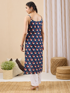 Janasya Women's Dark Blue Pure Cotton Printed Straight Kurta