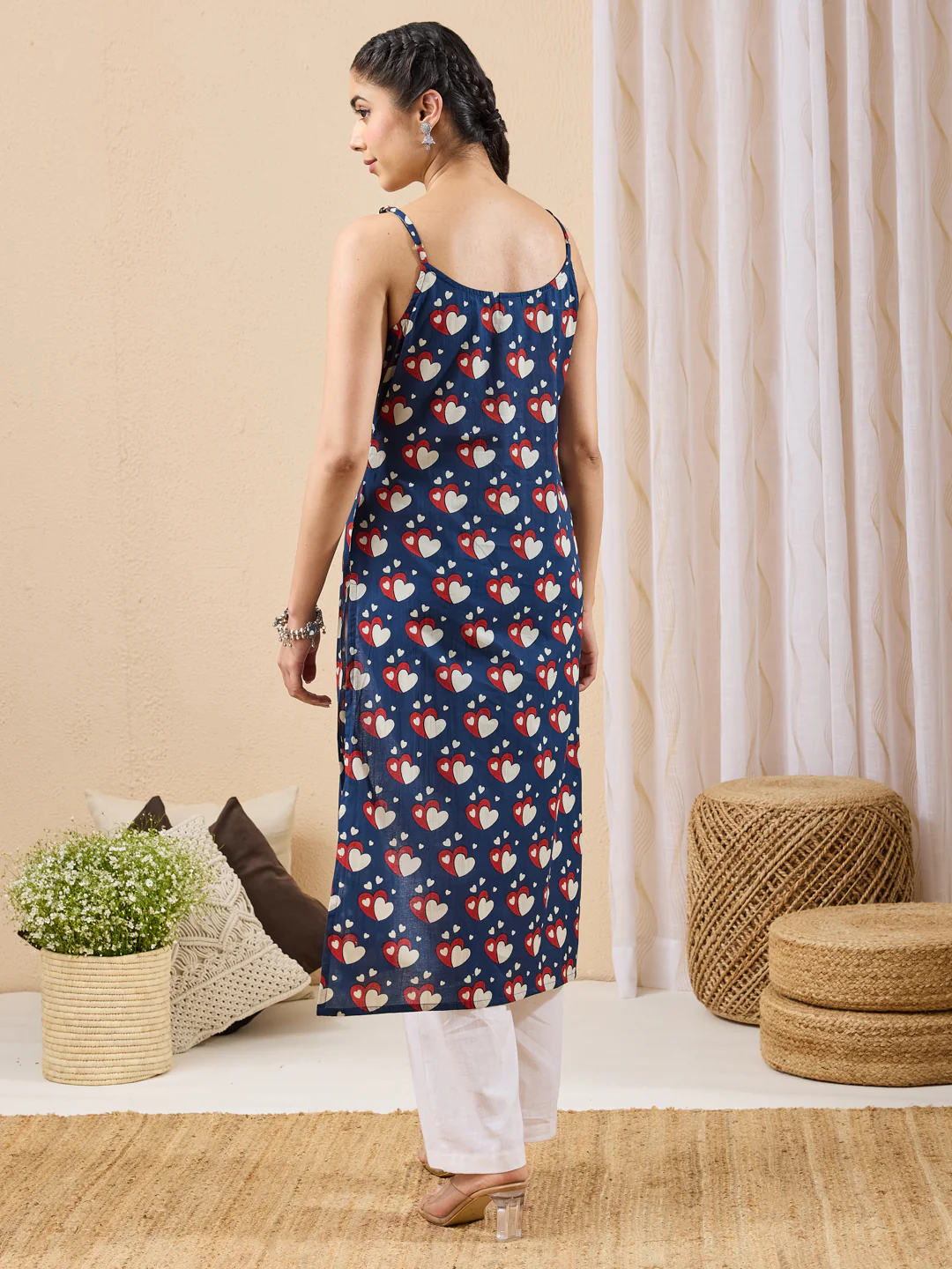 Janasya Women's Dark Blue Pure Cotton Printed Straight Kurta