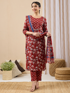 Janasya Women's Maroon Pure Cotton Floral Printed Straight Kurta Set