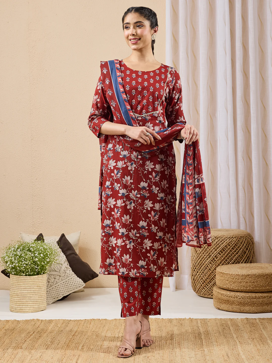 Janasya Women's Maroon Pure Cotton Floral Printed Straight Kurta Set