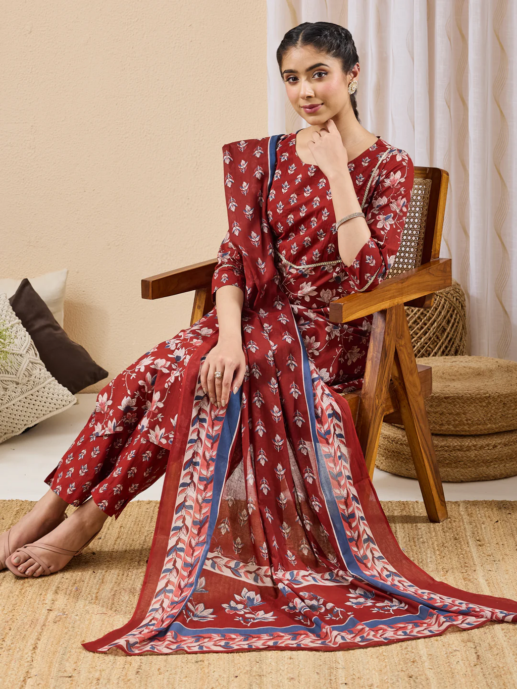 Janasya Women's Maroon Pure Cotton Floral Printed Straight Kurta Set