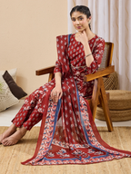 Janasya Women's Maroon Pure Cotton Floral Printed Straight Kurta Set