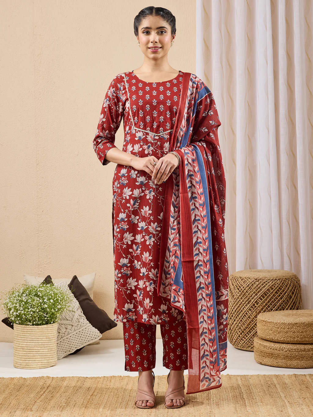 Janasya Women's Maroon Pure Cotton Floral Printed Straight Kurta Set