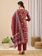 Janasya Women's Maroon Pure Cotton Floral Printed Straight Kurta Set