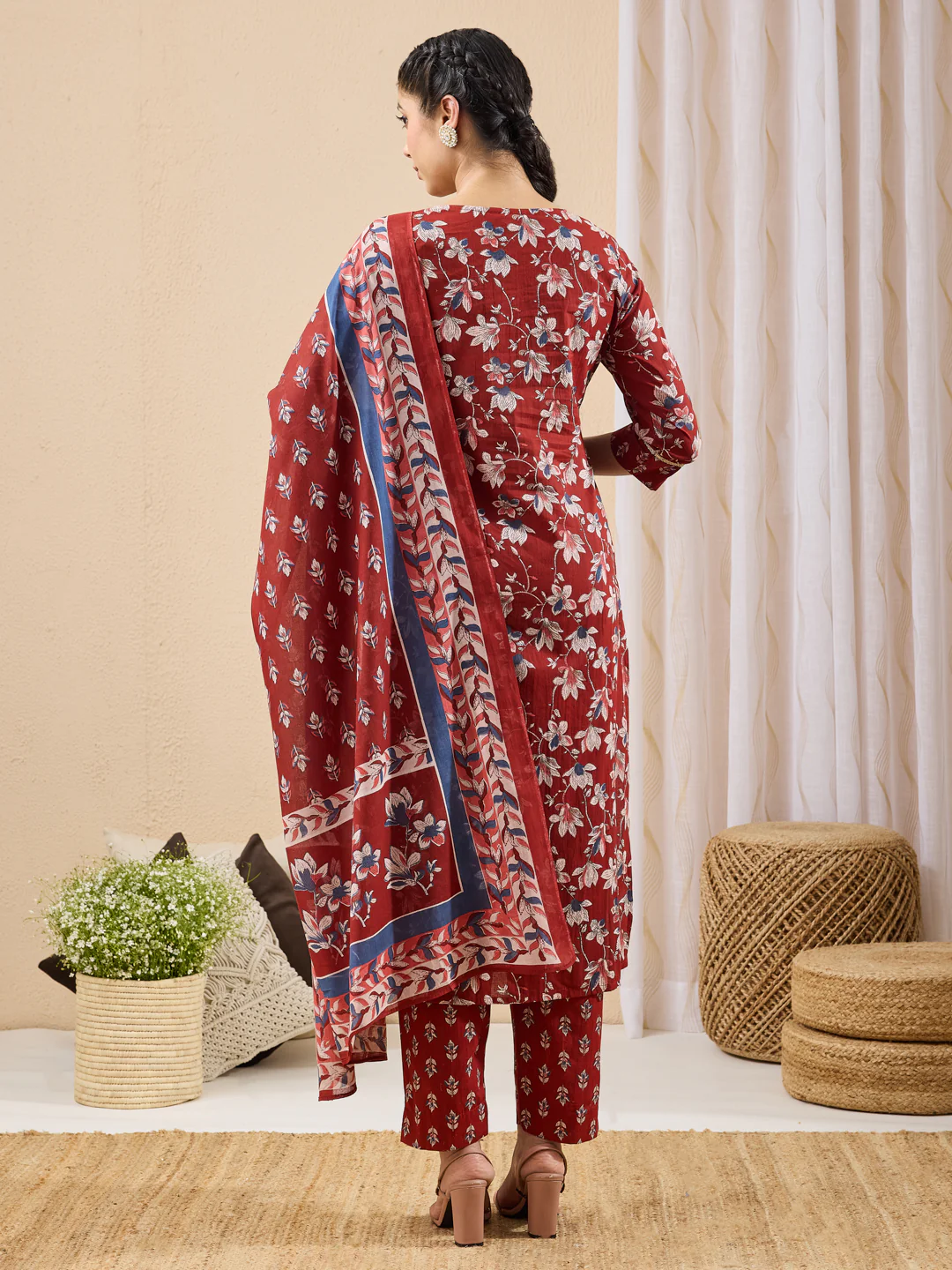 Janasya Women's Maroon Pure Cotton Floral Printed Straight Kurta Set