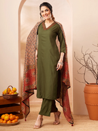 Janasya Women's Olive Green Rayon Slub Straight Kurta Set With Printed Dupatta