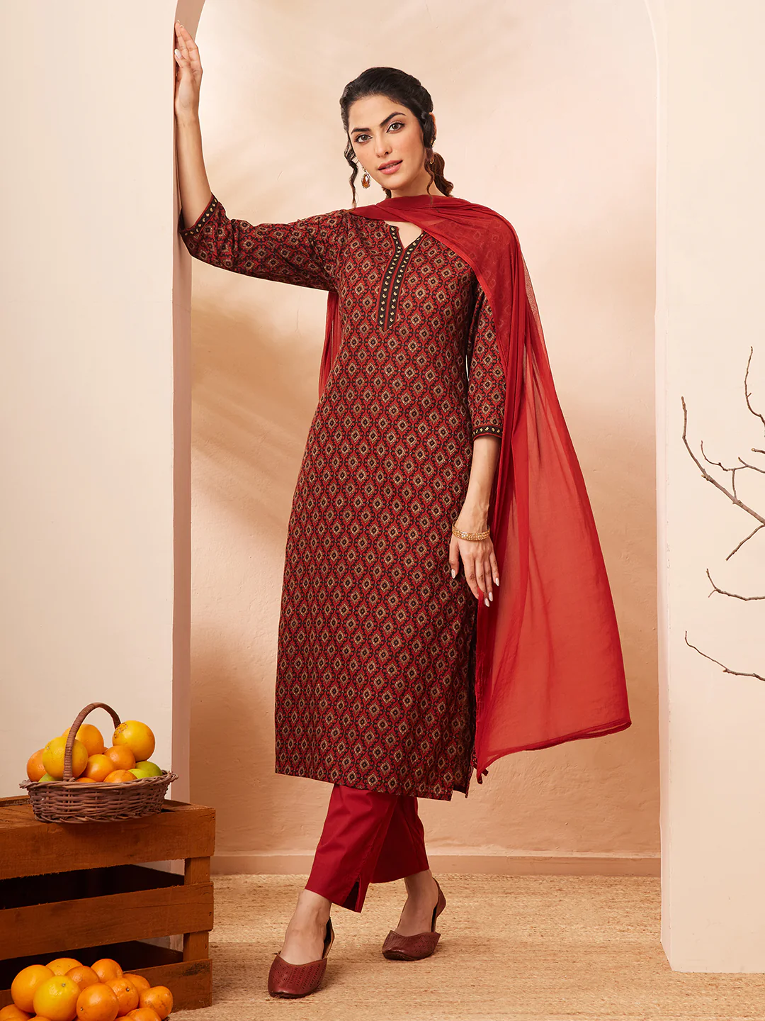 Janasya Women's Rust Pure Cotton Ethnic Motifs Printed Straight Kurta Set