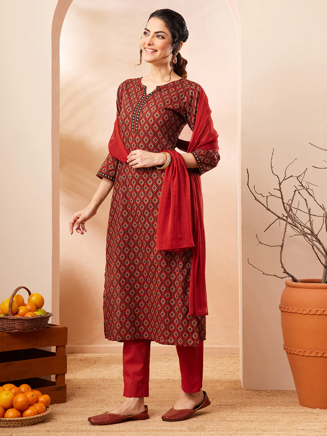 Janasya Women's Rust Pure Cotton Ethnic Motifs Printed Straight Kurta Set