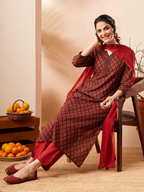 Janasya Women's Rust Pure Cotton Ethnic Motifs Printed Straight Kurta Set