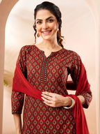 Janasya Women's Rust Pure Cotton Ethnic Motifs Printed Straight Kurta Set