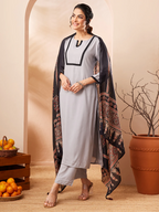 Janasya Women's Grey Rayon Solid Straight Kurta Set