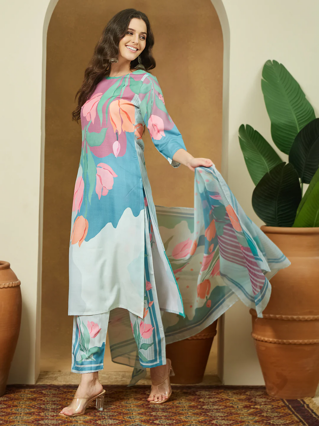 Janasya Women's Multicolor Cotton Blend Abstract Printed Straight Kurta Set