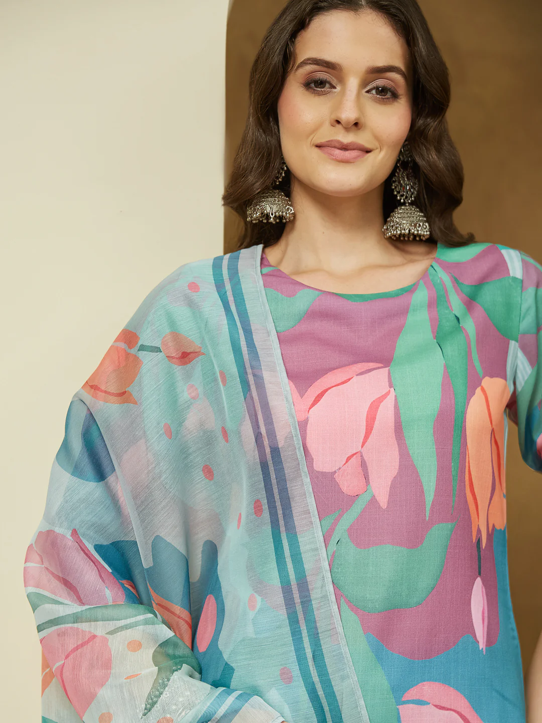 Janasya Women's Multicolor Cotton Blend Abstract Printed Straight Kurta Set