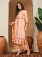 Janasya Women's Peach Cotton Blend Geometric Printed Straight Kurta Set