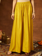 Janasya Women's Yellow Chanderi Silk Embellished Straight Kurta With Sharara & Dupatta Set