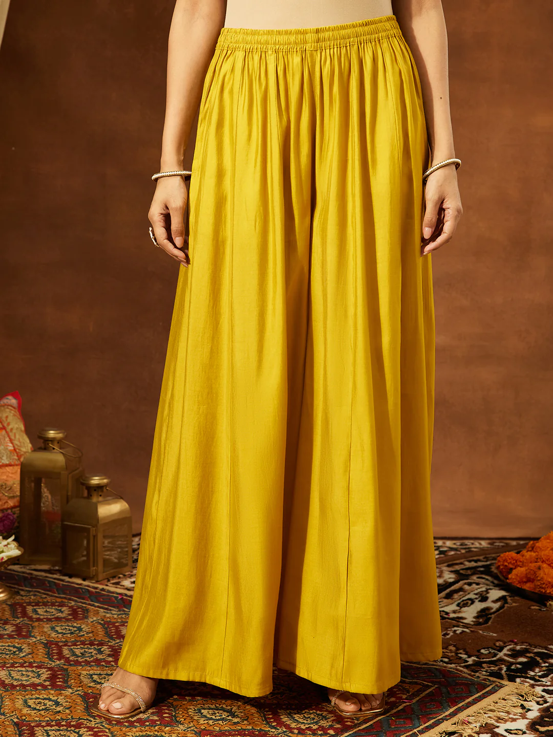 Janasya Women's Yellow Chanderi Silk Embellished Straight Kurta With Sharara & Dupatta Set