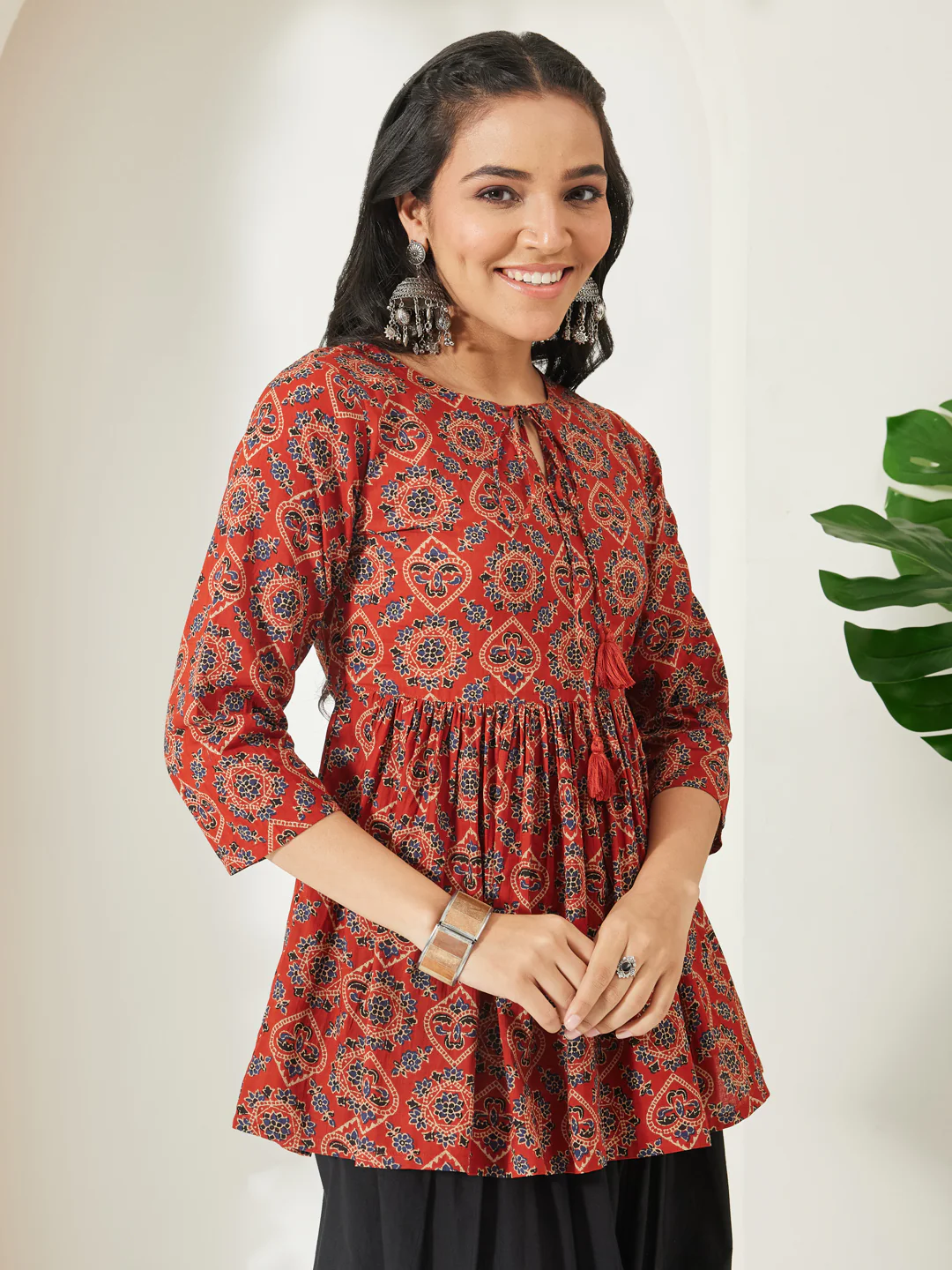 Janasya Women's Rust Pure Cotton Ajrakh Printed Peplum Top