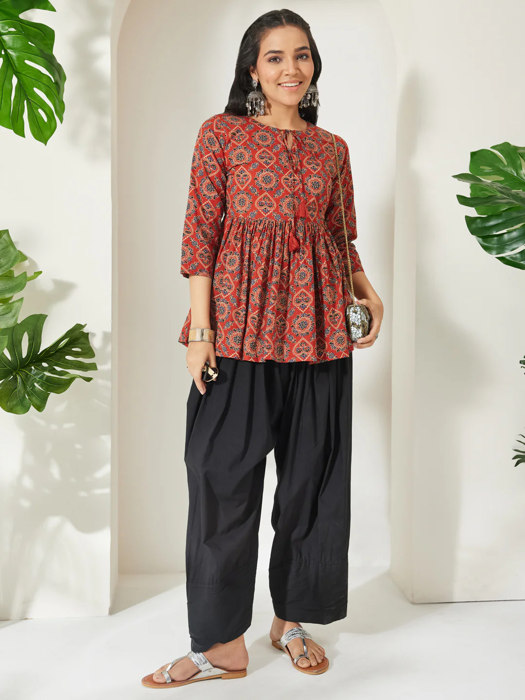 Janasya Women's Rust Pure Cotton Ajrakh Printed Peplum Top