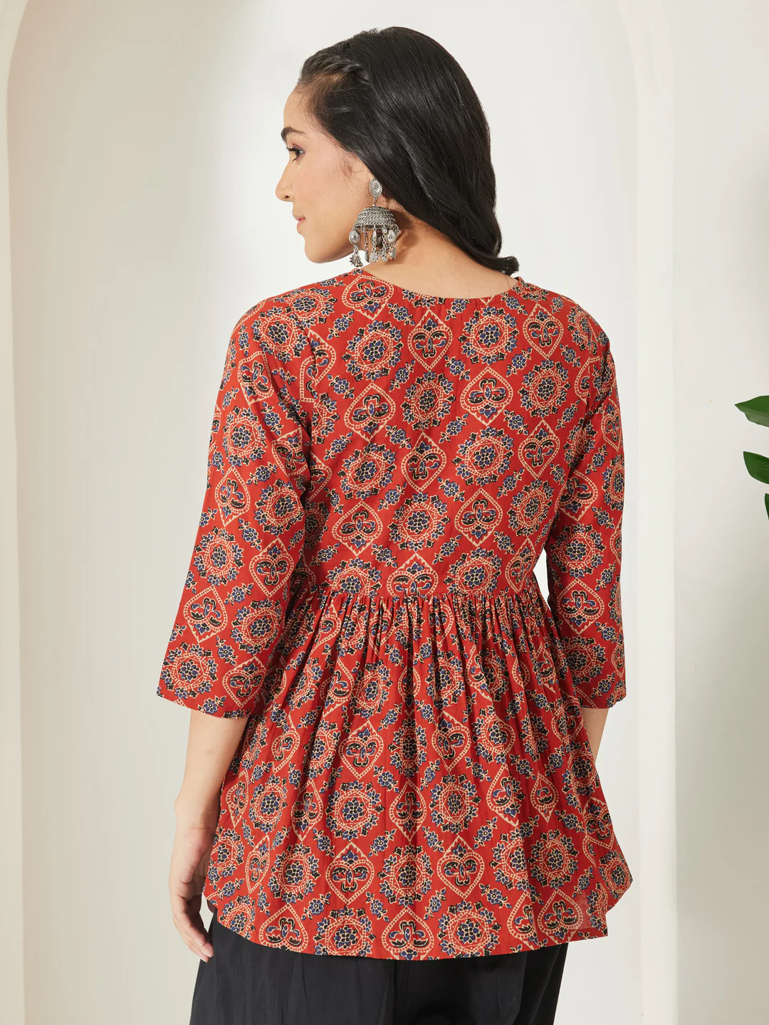 Janasya Women's Rust Pure Cotton Ajrakh Printed Peplum Top